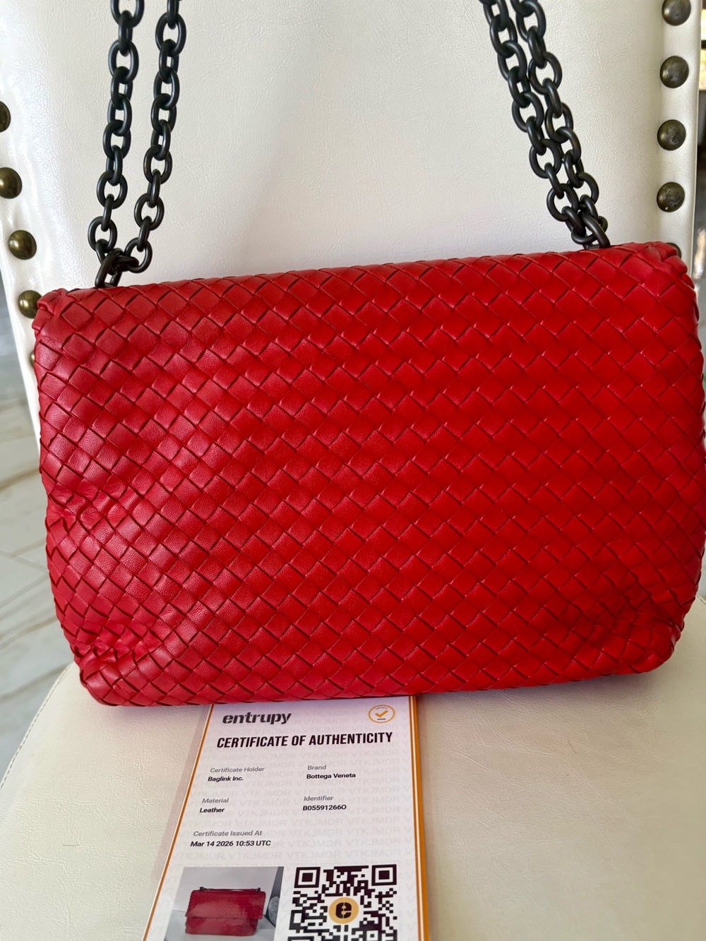 BOTTEGA Veneta Intrecciato Red OLIMPIA Medium Shoulder crossbody Bag Chain COA - Picture 12 of 15